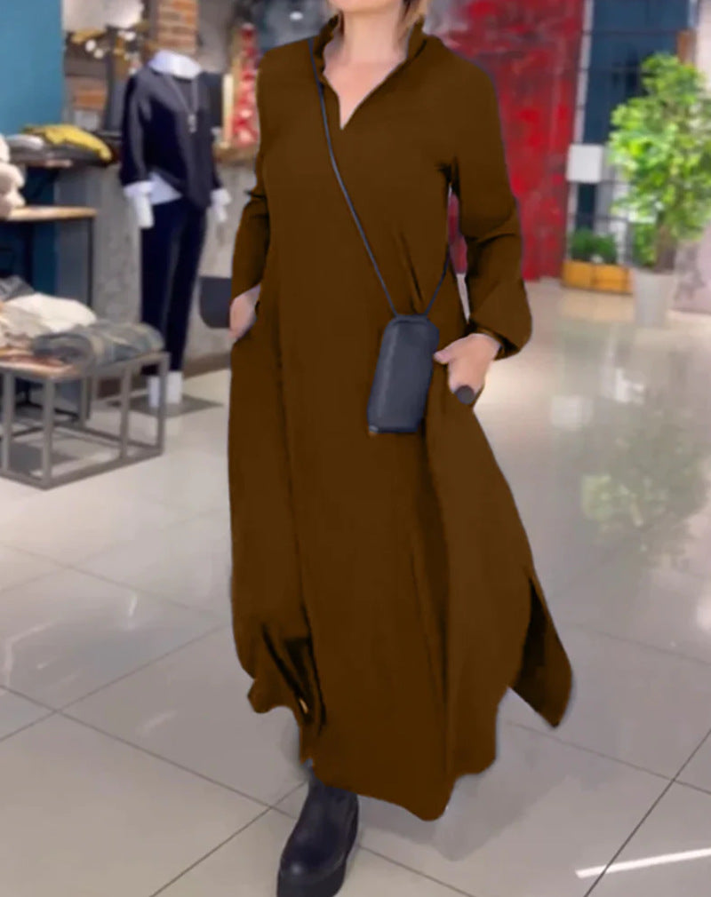 Damen lässiges Midi-Kleid mit praktischen Taschen und hoher Kragen Sovae