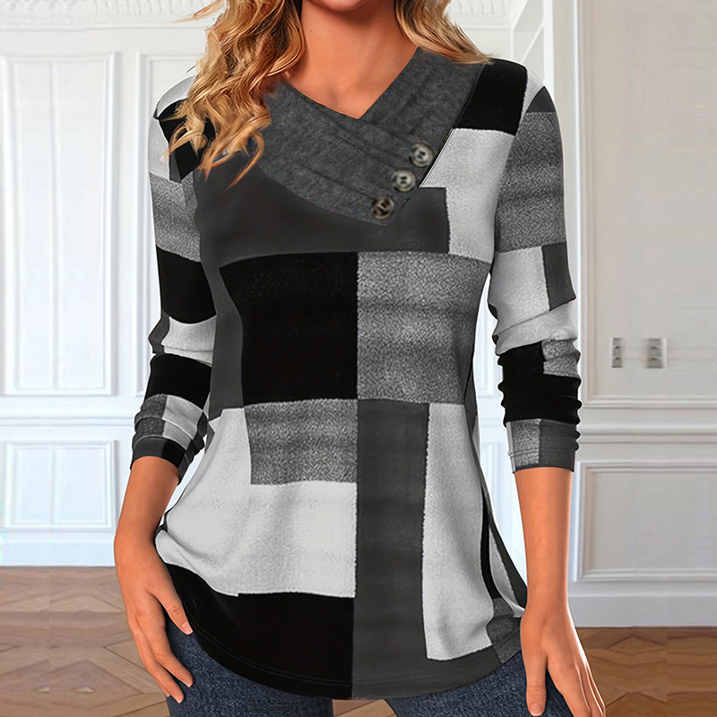 Damen stilvolles Langarmshirt mit asymmetrischem Kragen und Knopfdetails Sovae