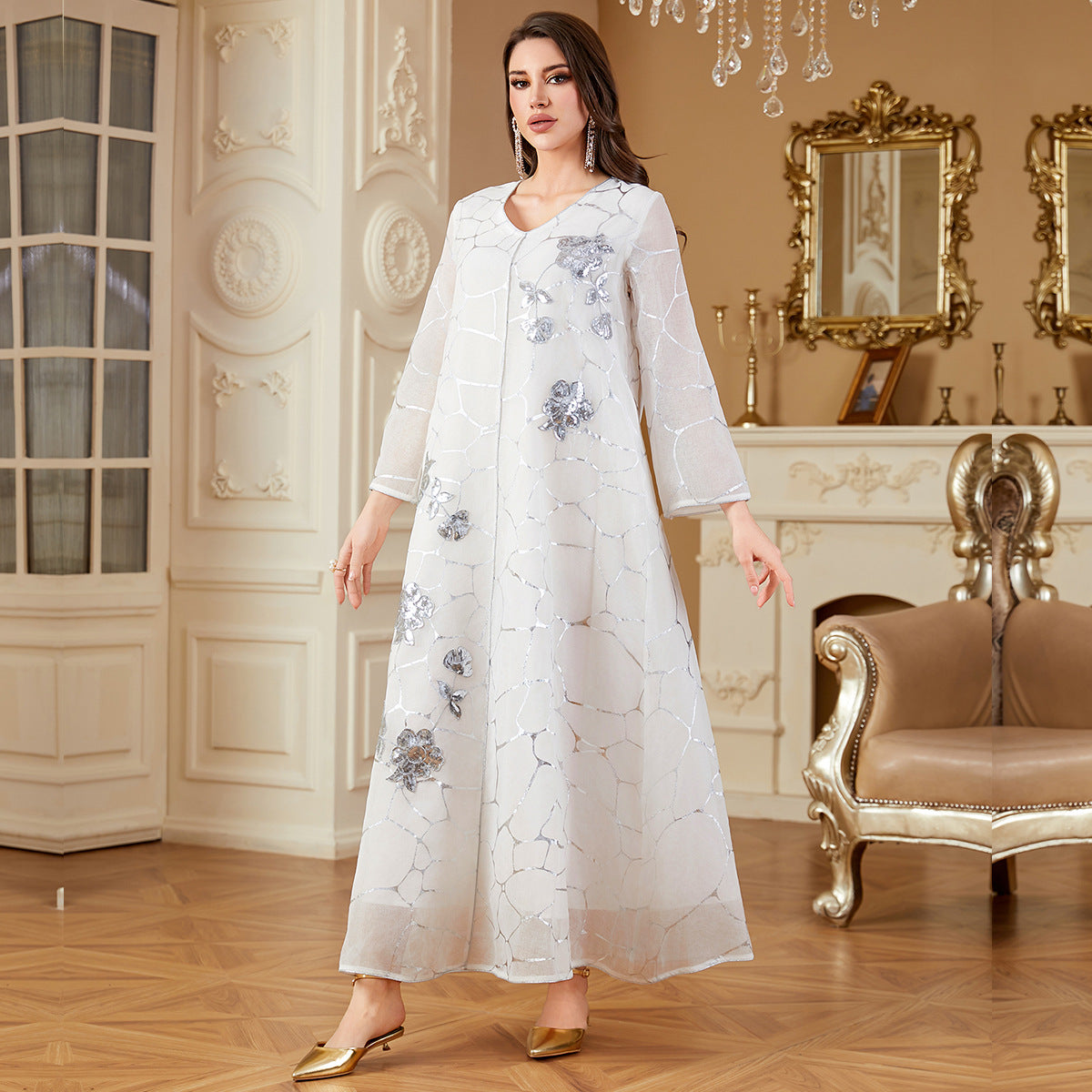 Damen Langärmlige, bestickte Maxikleid Sovae