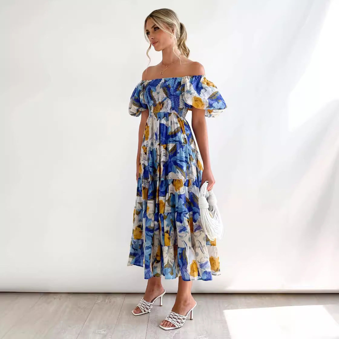 Damen Offshoulder Maxikleid mit voluminösen Ärmeln Sovae