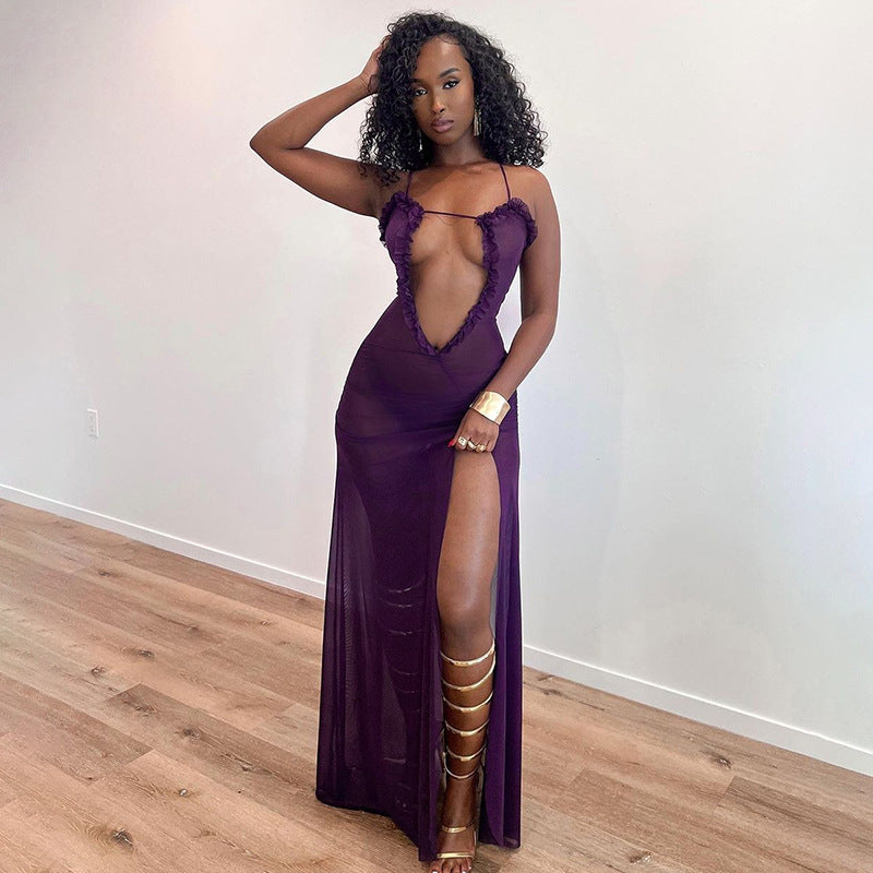 Damen Elegantes transparentes Maxikleid mit fransigem Ausschnitt Sovae