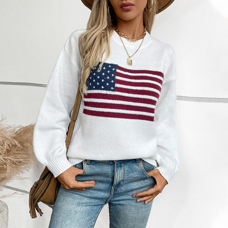Damen Strickpullover mit Flaggenmotiv und Rundhalsausschnitt Sovae