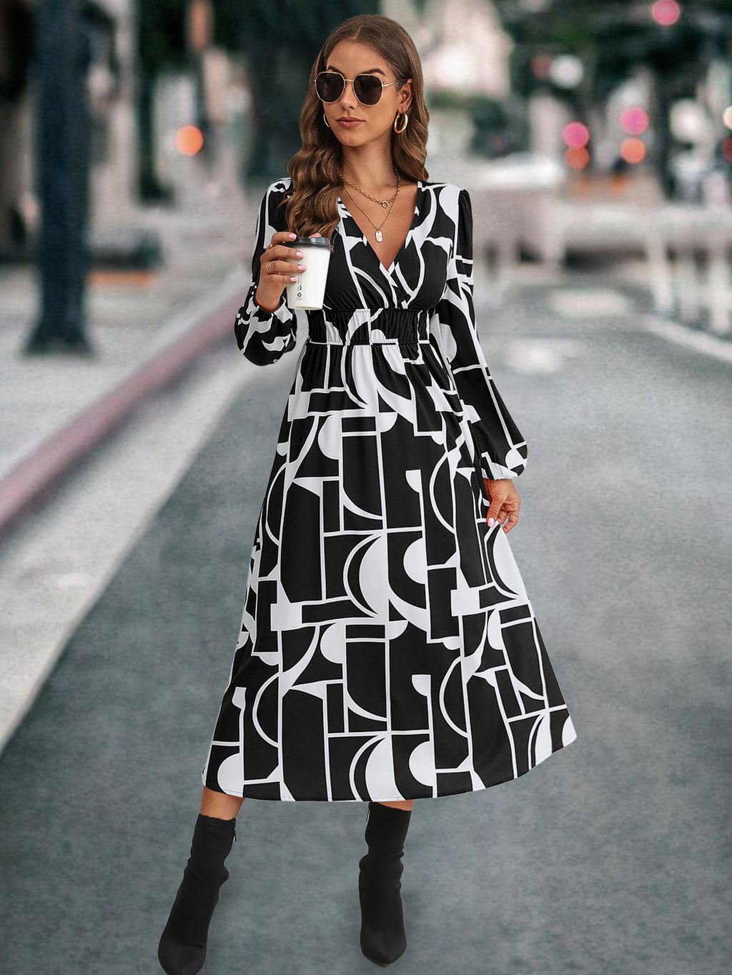 Damen Midikleid mit modernem geometrischen Muster und elastischem Bund Sovae