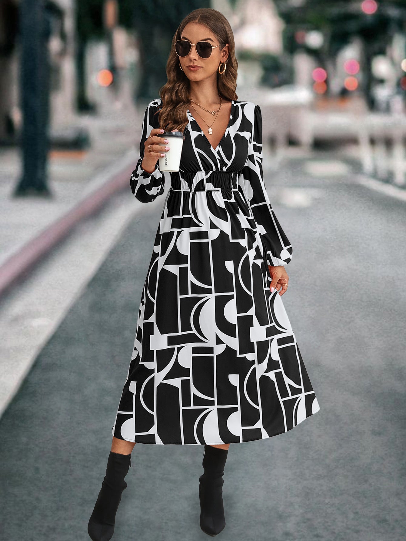 Damen Midikleid mit modernem geometrischen Muster und elastischem Bund Sovae