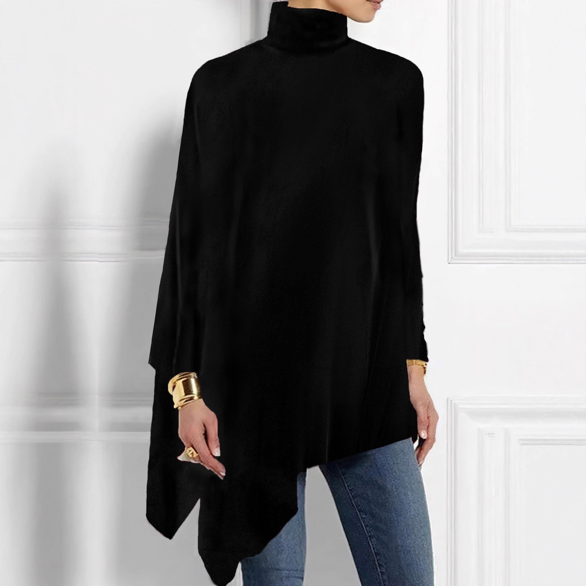 Damen edles Kapuzenponcho mit asymmetrischem Saum Sovae