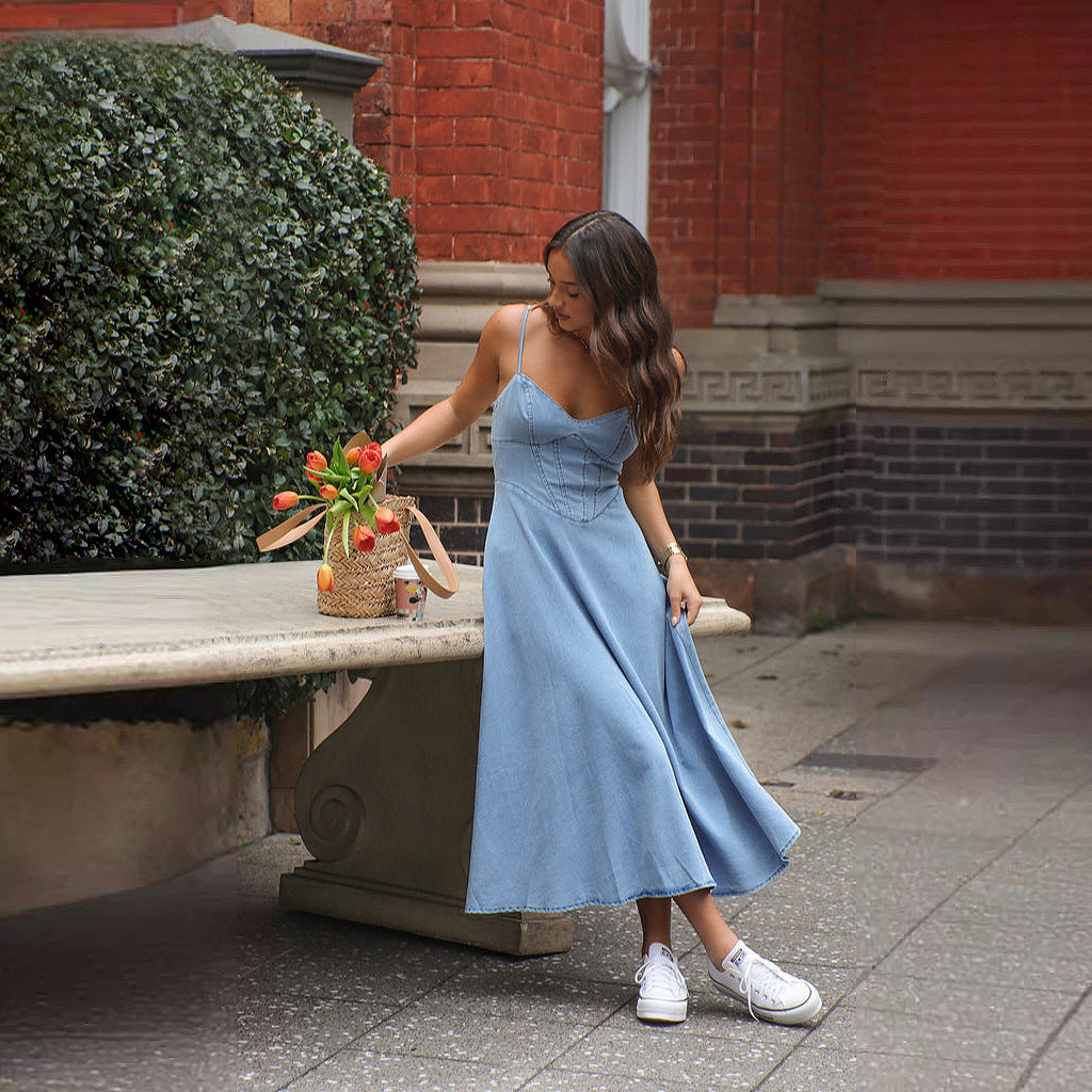 Damen Denim-Maxikleid mit herzförmigem Ausschnitt und Spaghetti-Trägern Sovae
