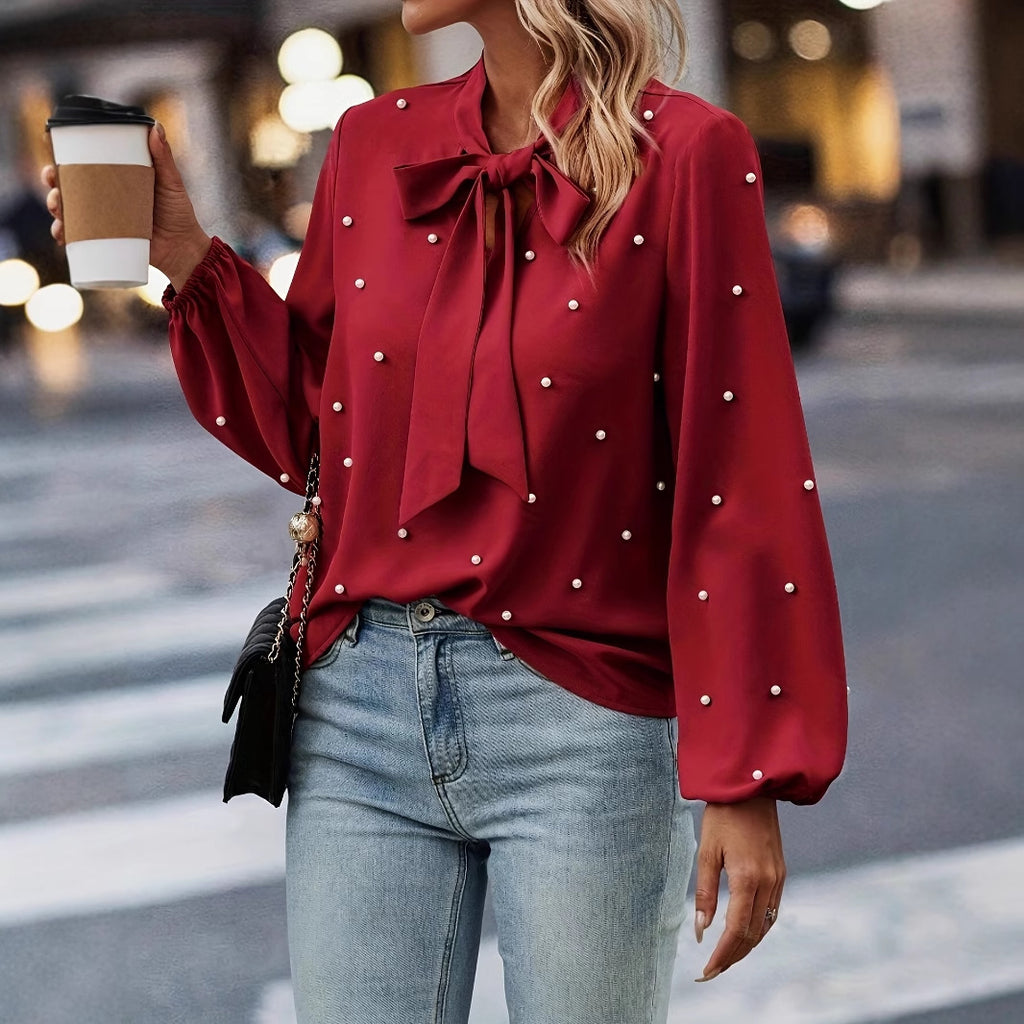 Damen Bluse mit Puffärmeln und Schleife Sovae