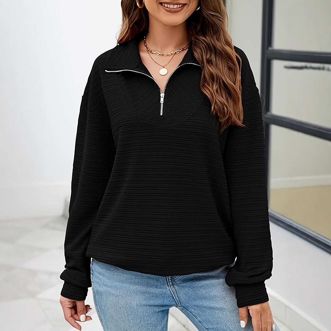 Damen lockerer Stehkragenpullover mit Reißverschluss Sovae