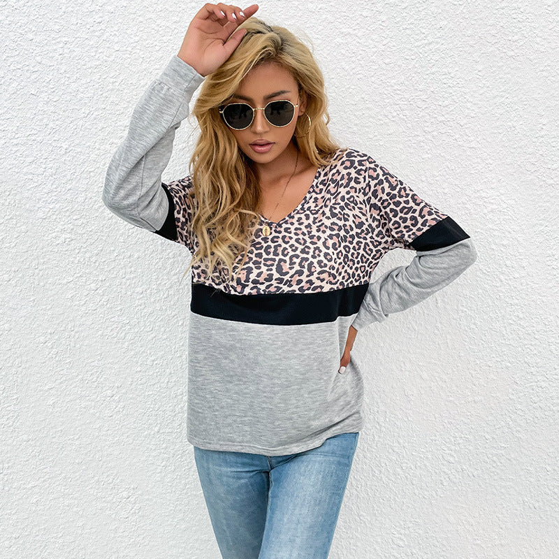 Damen V-Ausschnitt Sweatshirt mit Leopardenmuster und Kontrastband Sovae