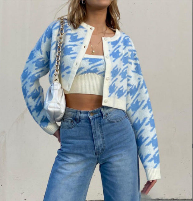 Damen Modische Strickjacke mit geometrischem Muster und Knopfverschluss Sovae