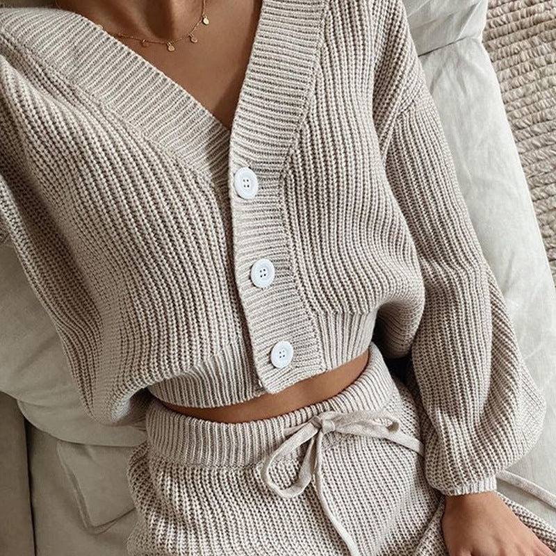 Damen gestreiftes Strick-Set mit knöpfen und weitem Schnitt Sovae