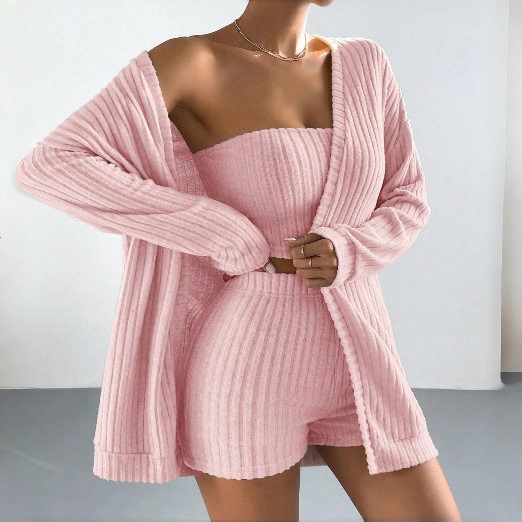 Damen Strick-Loungewear-Set mit langen Ärmeln und geripptem Design Sovae