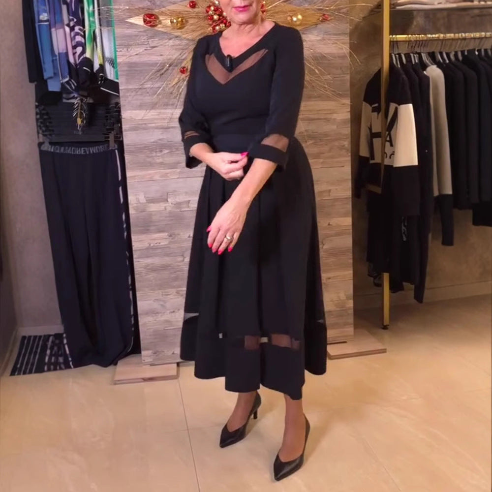 Damen Midi-Kleid mit transparenten Einsätzen und Taillengürtel Sovae