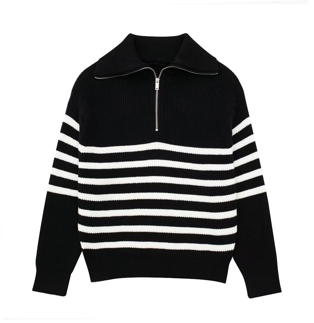 Damen modischer Strickpullover mit halbem Reißverschluss und Streifenmuster Sovae