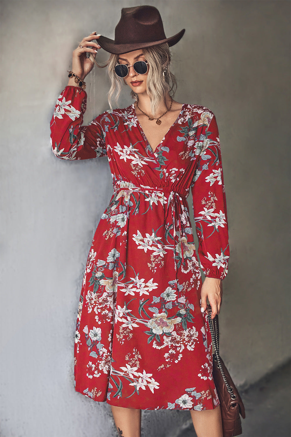 Damen Midi-Kleid mit elegantem floralem Design und tailliertem Gürtel Sovae
