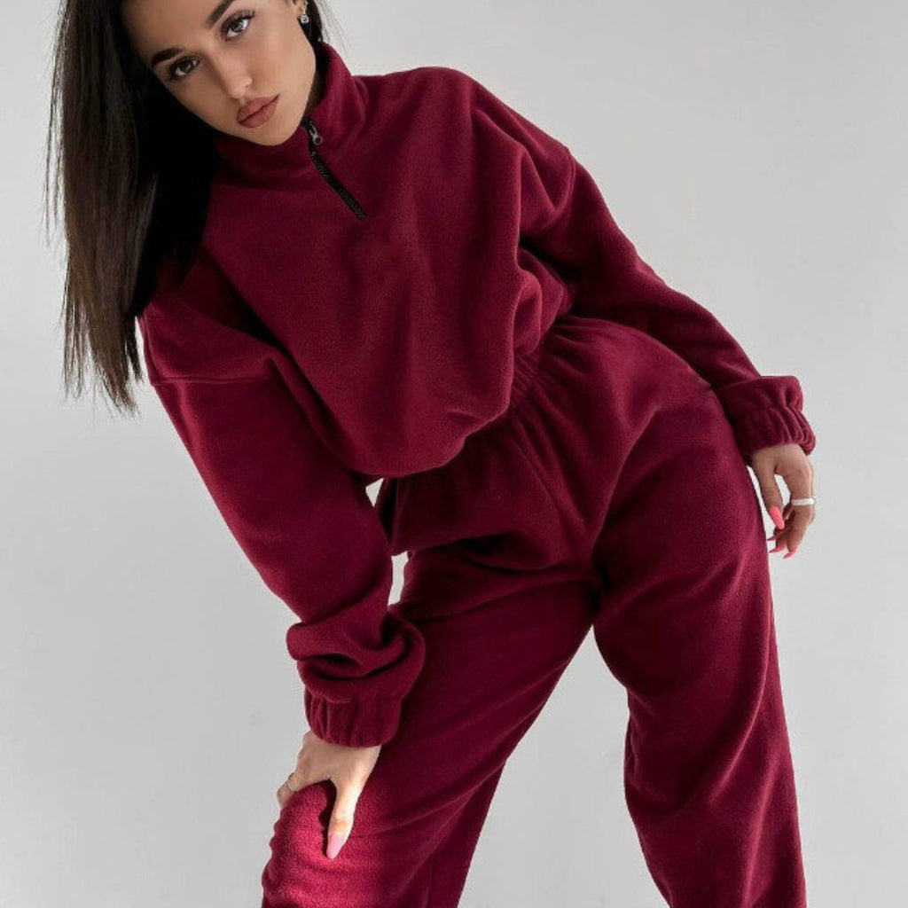 Damen bequeme Fleece-Loungejacke mit verkürztem Reißverschluss und elastischem Bund Sovae