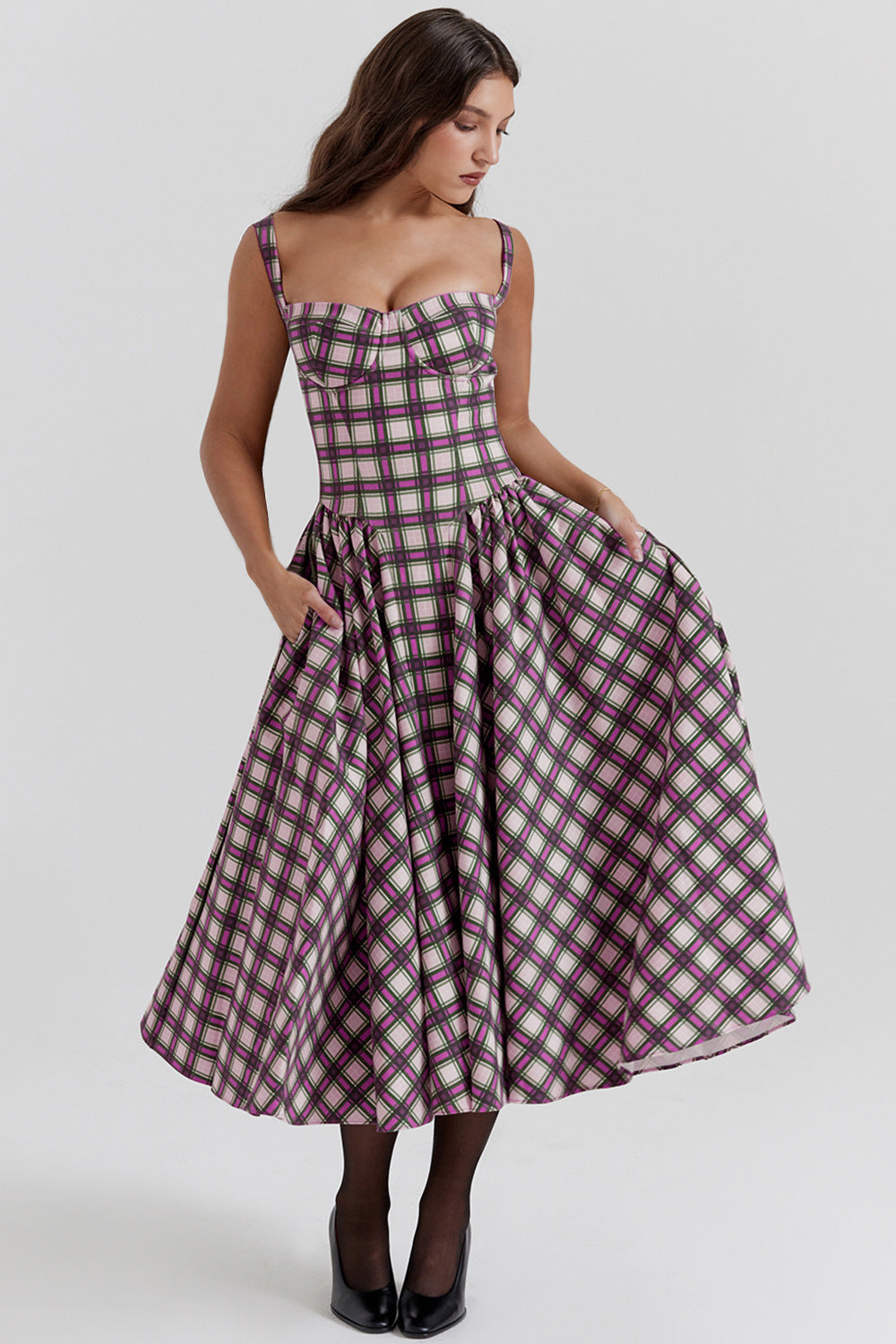 Damen Midikleid mit gerafftem Rock und modernem Karomuster Sovae
