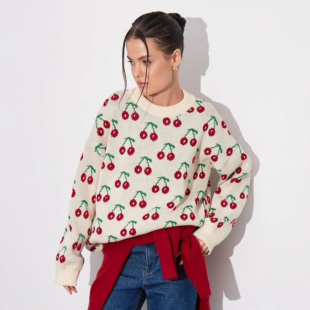 Damen Kuscheliger Strickpulli mit Kirschenmuster Sovae