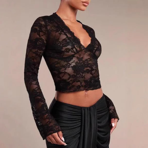 Damen Spitzenbluse mit V-Ausschnitt und glockigen Ärmeln Sovae