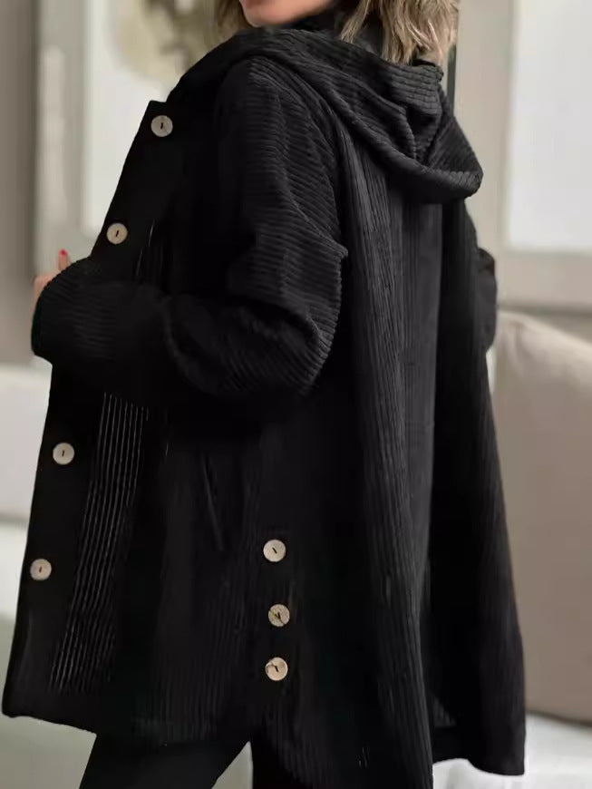 Damen Kapuzenjacke aus Rippstoff mit Holzknöpfen und Freizeit-Schnitt Sovae