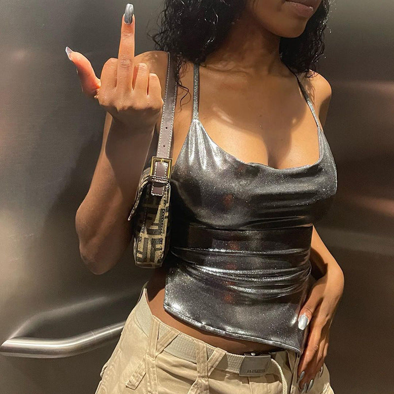 Damen Glänzendes Crop-Top mit asymmetrischem Schnitt Sovae