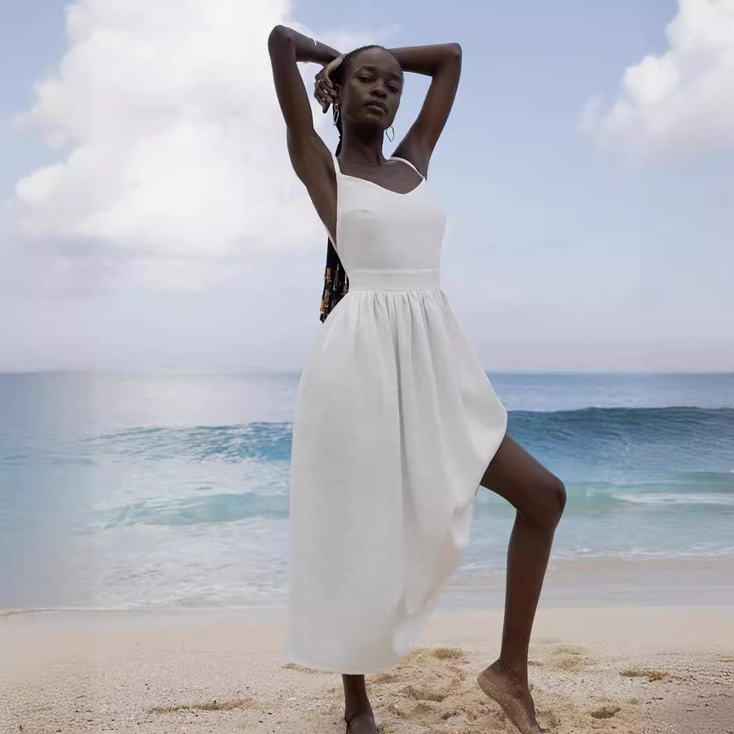 Damen Midi-Linnenkleid mit Spaghetti-Trägern Sovae