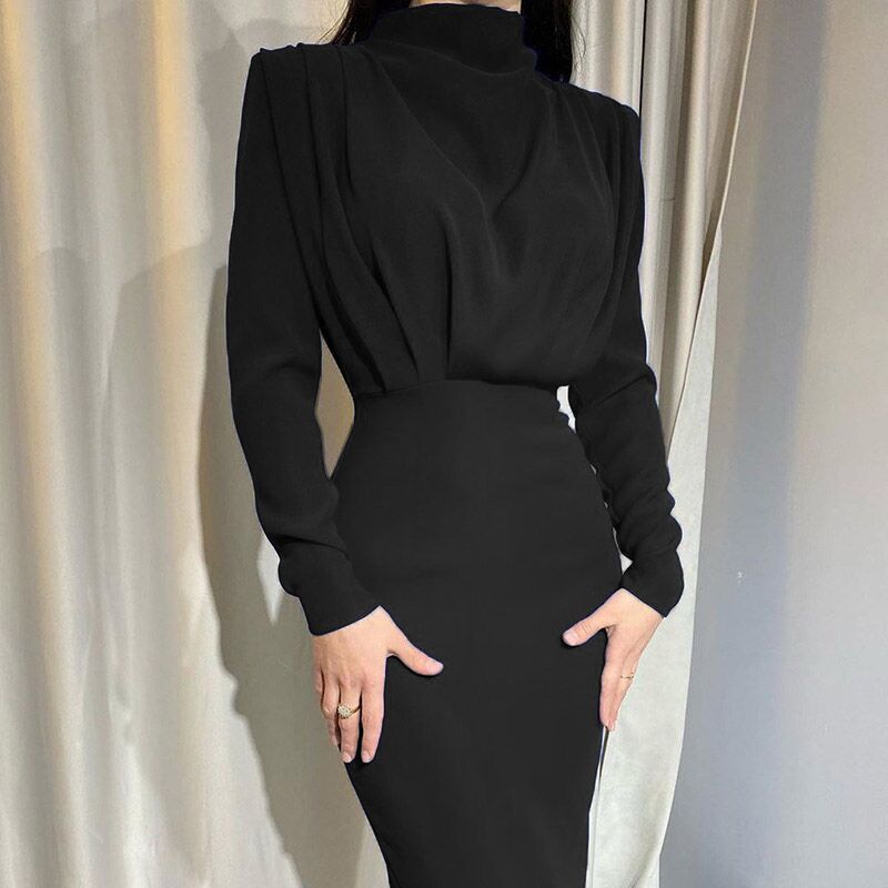 Damen Elegantes Langarmkleid mit Drapierung Sovae