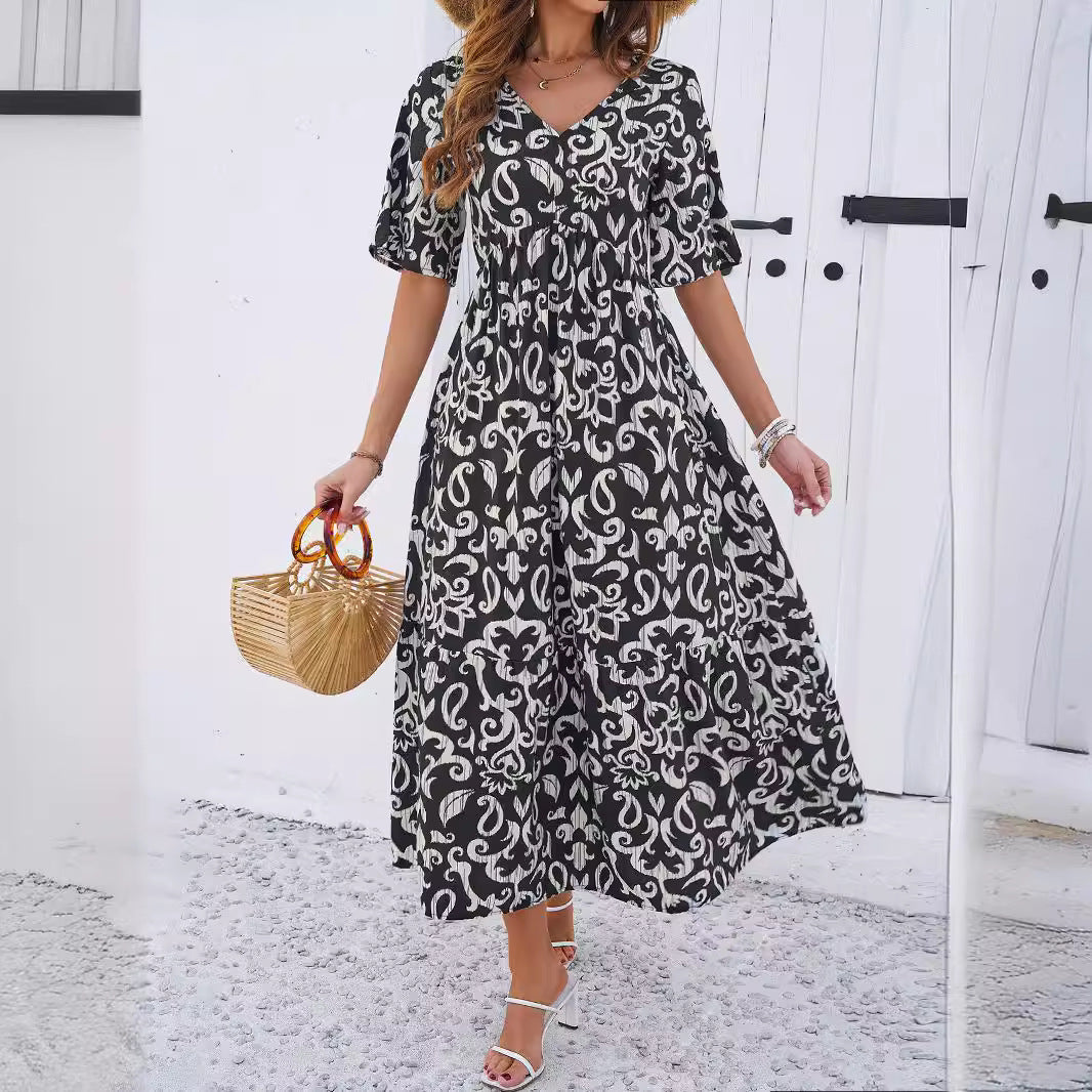 Damen Maxikleid mit floralen Mustern und V-Ausschnitt Sovae