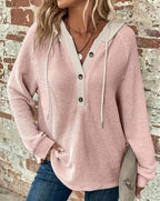 Damen lässige Waffelstruktur Pullover mit Kapuze und Knopfdetails Sovae
