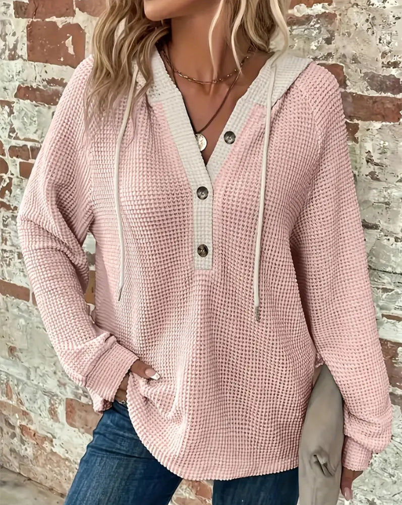 Damen lässige Waffelstruktur Pullover mit Kapuze und Knopfdetails Sovae