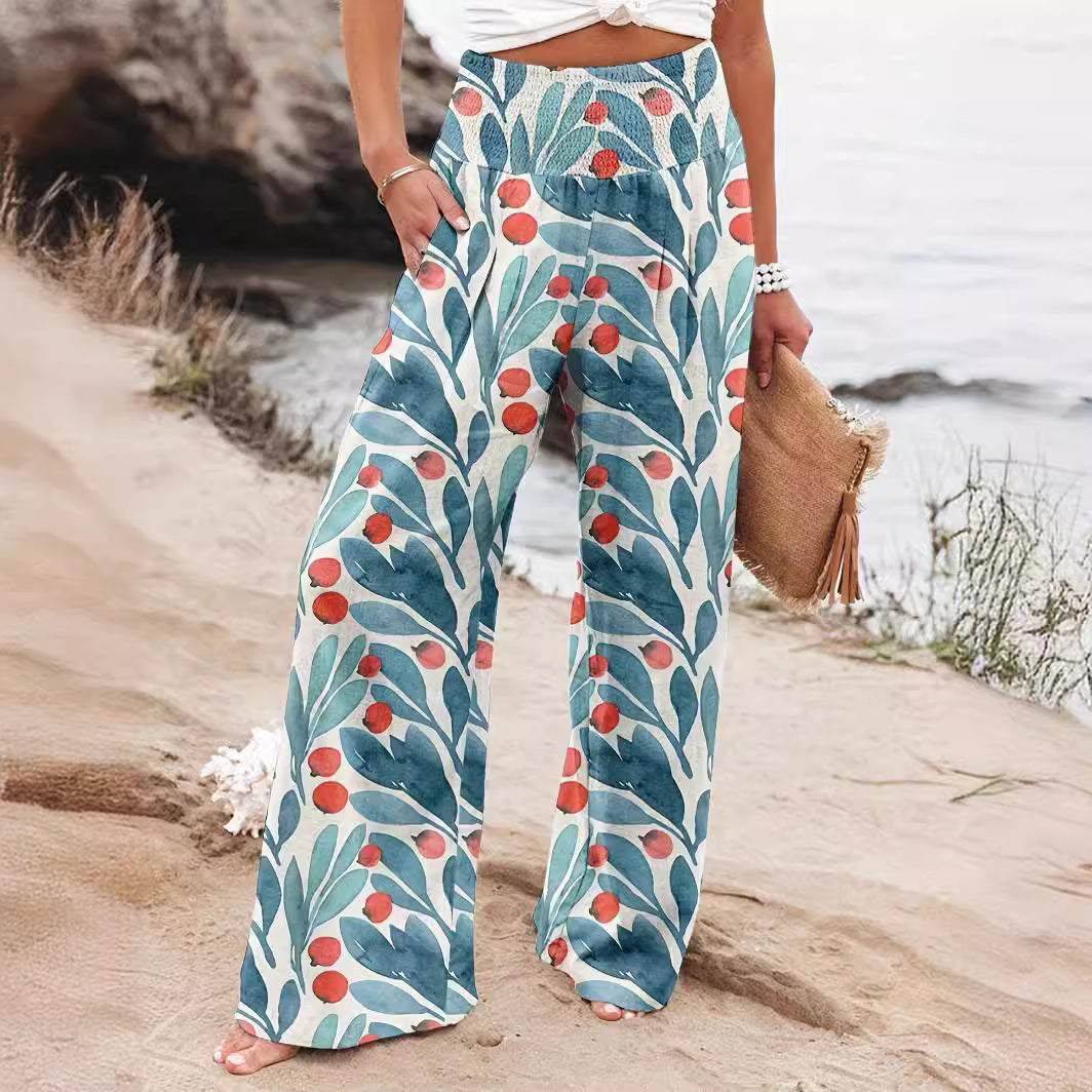 Damen Weit geschnittene Sommerhose mit floralem Print und elastischem Bund Sovae