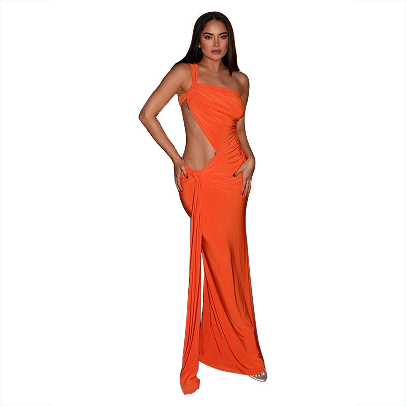 Damen elegantes asymmetrisches Maxikleid mit Raffungen und Cut-Out-Design Sovae