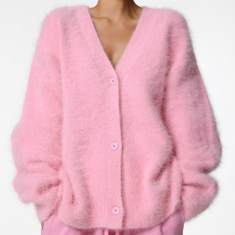 Damen kuschelige Strickjacke mit weichem Mohair-Mix und eleganter Knopfleiste