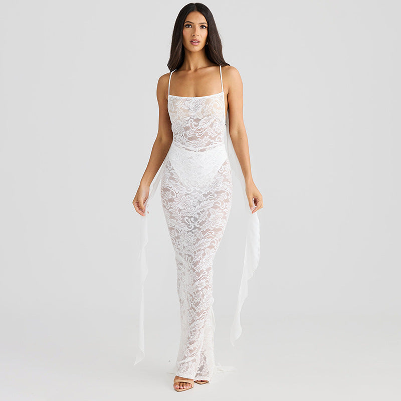 Damen Spitzen-Maxikleid mit verführerischem Schnitt und transparenten Details Sovae