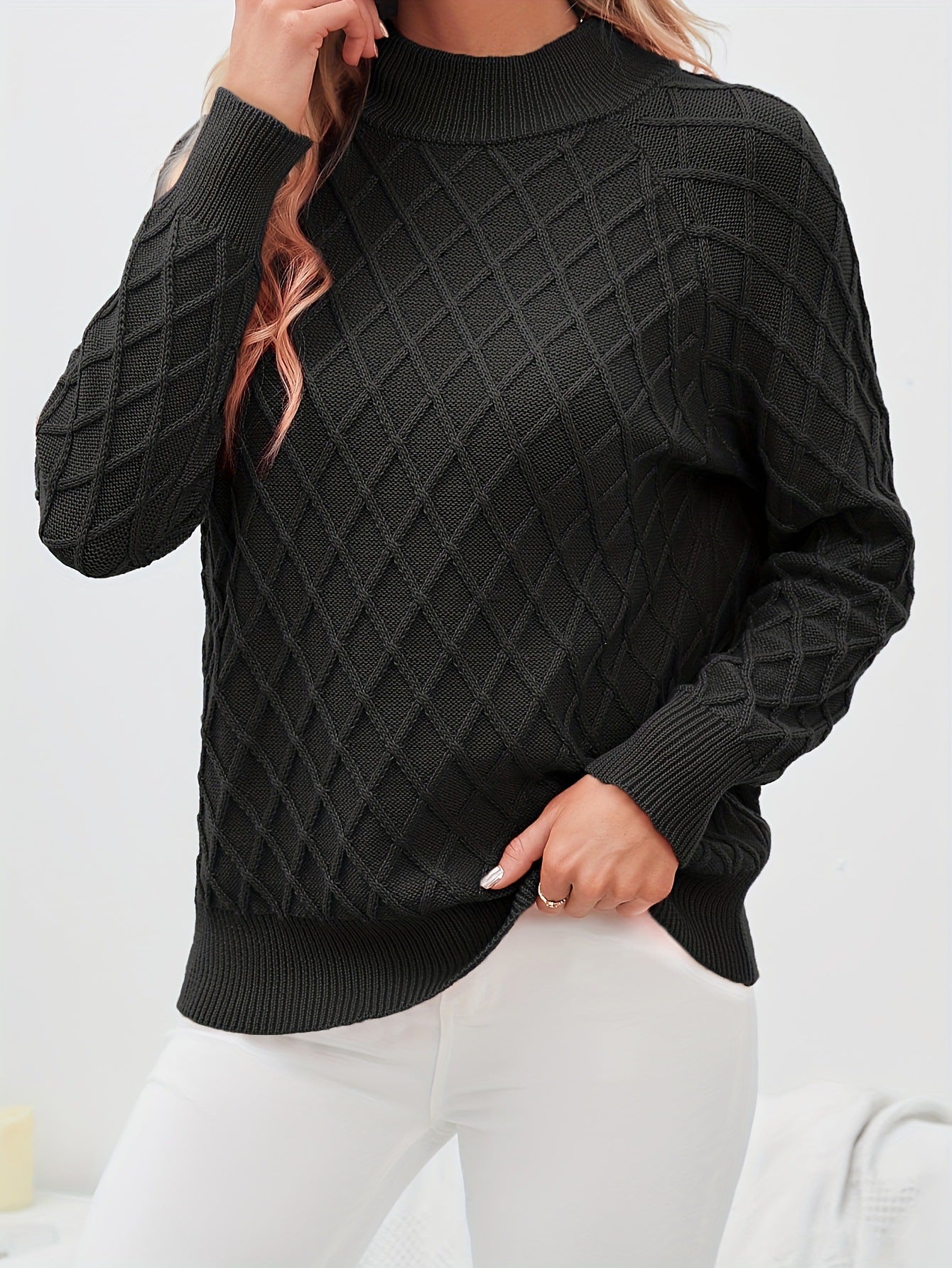 Damen stylischer Strickpullover mit Rautenmuster und hohem Kragen Sovae