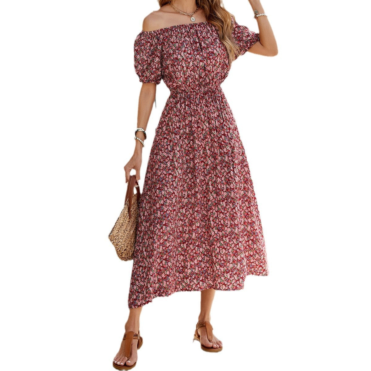 Damen Off-Shoulder Maxi-Kleid mit floralen Akzenten Sovae