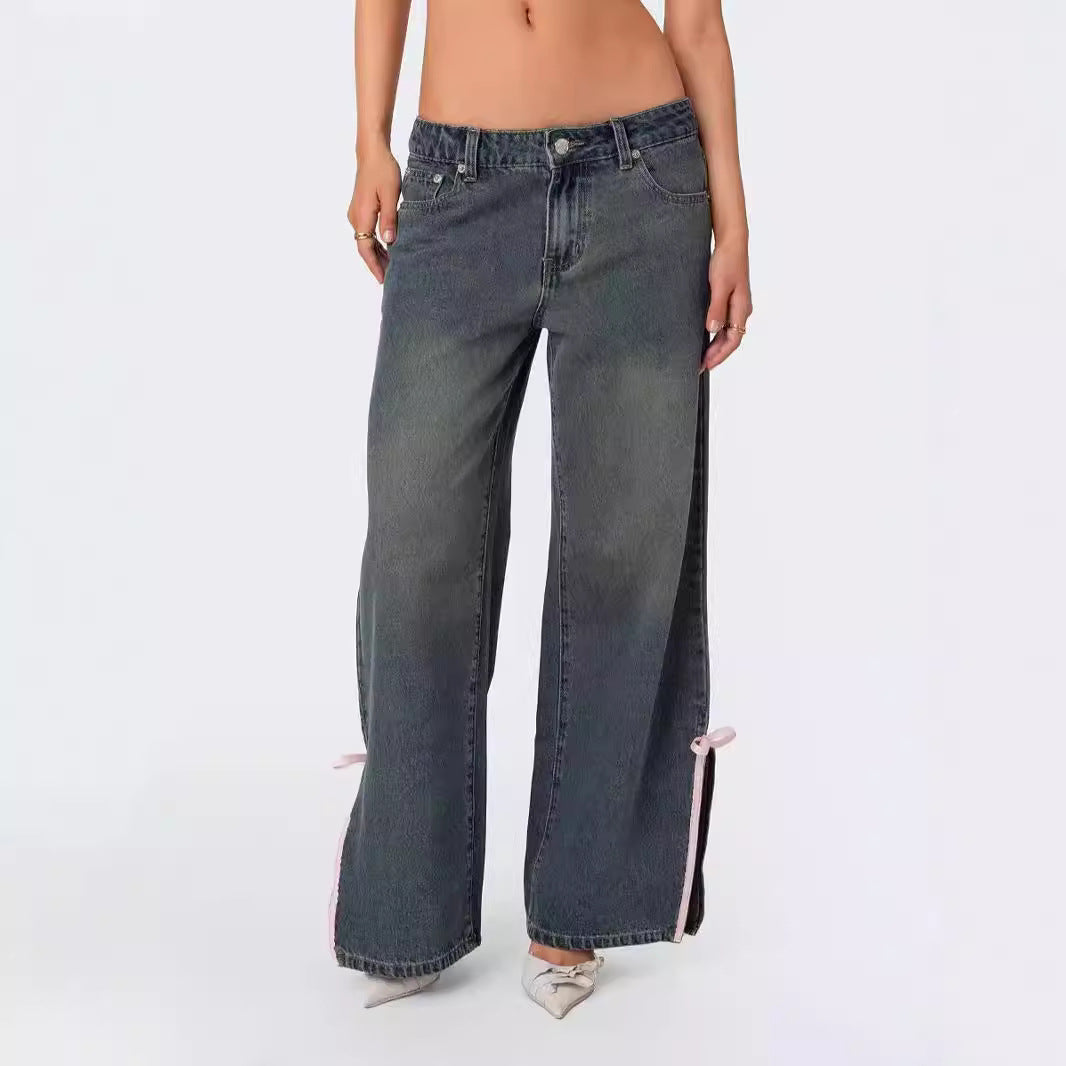 Damen Weit geschnittene Denim-Hose mit modischen Schnürdetails Sovae