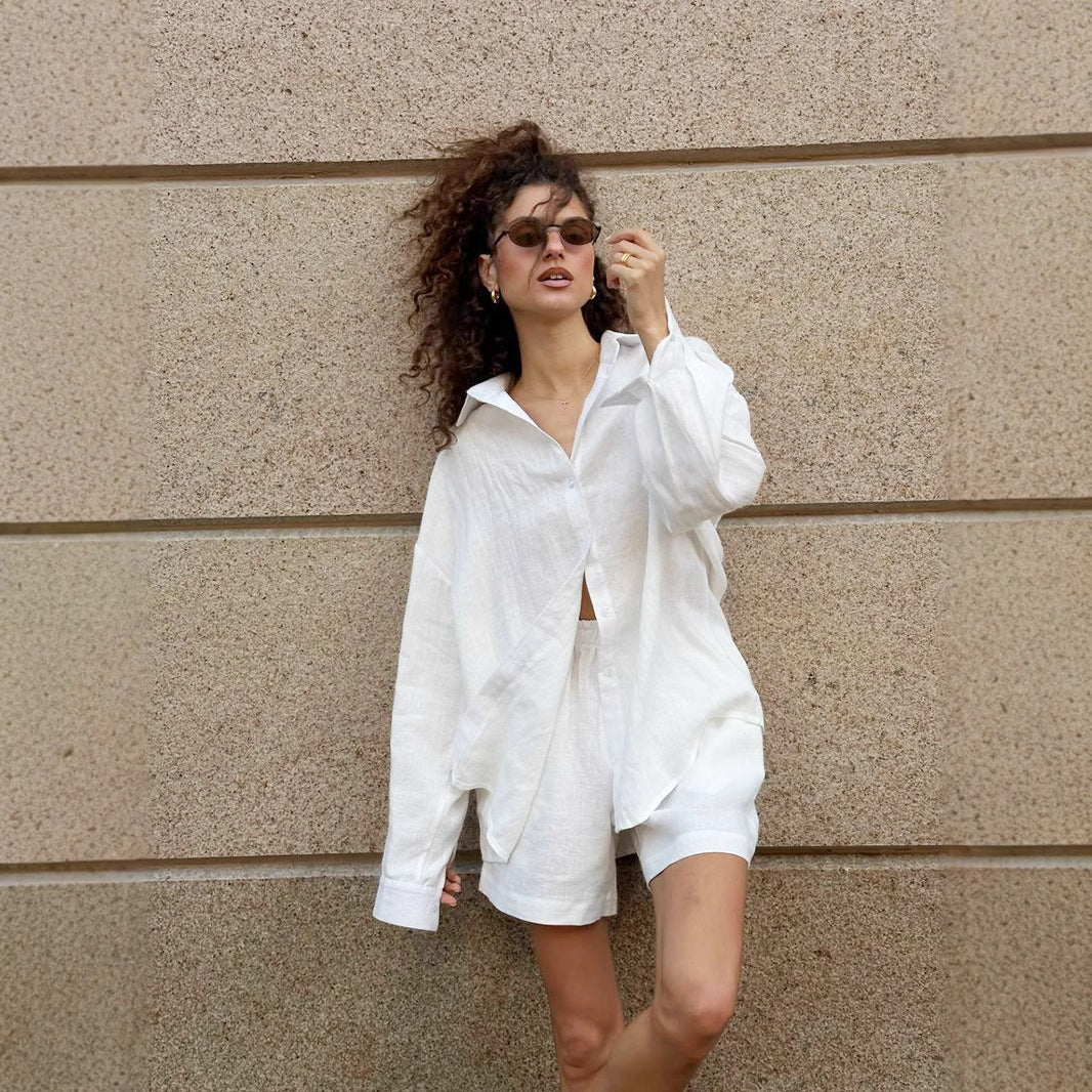 Damen lässige Leinenbluse und Shorts Set Sovae