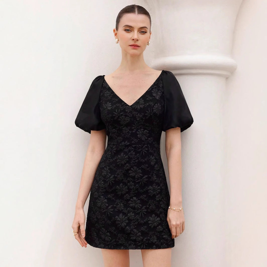 Damen Puffärmel Minikleid mit floralem Jacquard-Muster Sovae