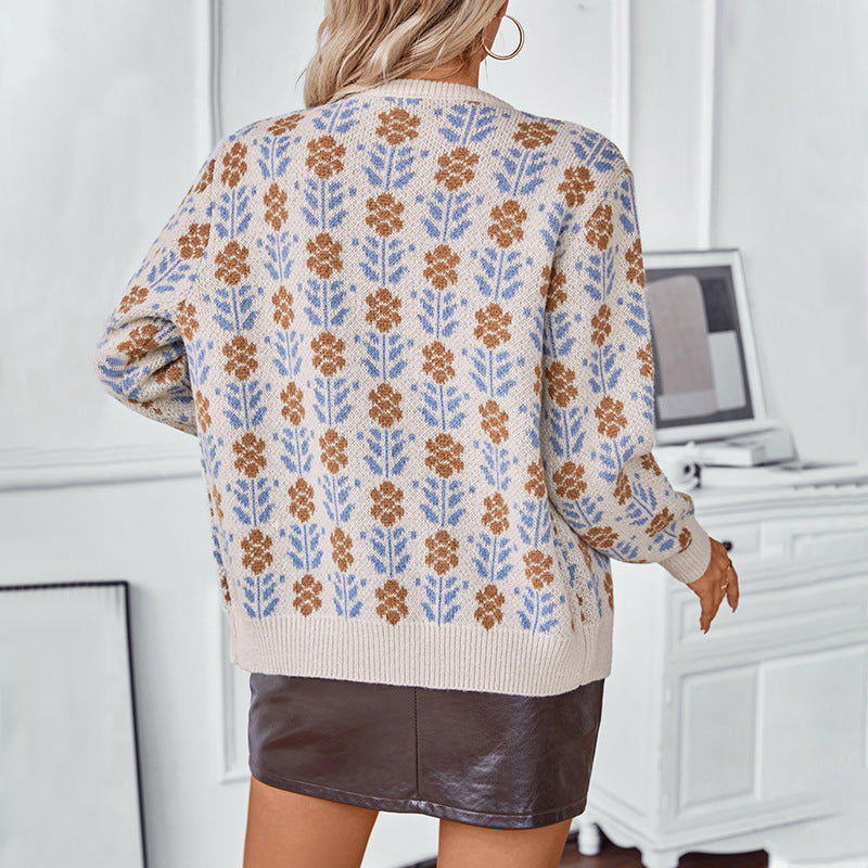 Damen Strickjacke mit floralem Muster und Knöpfen Sovae