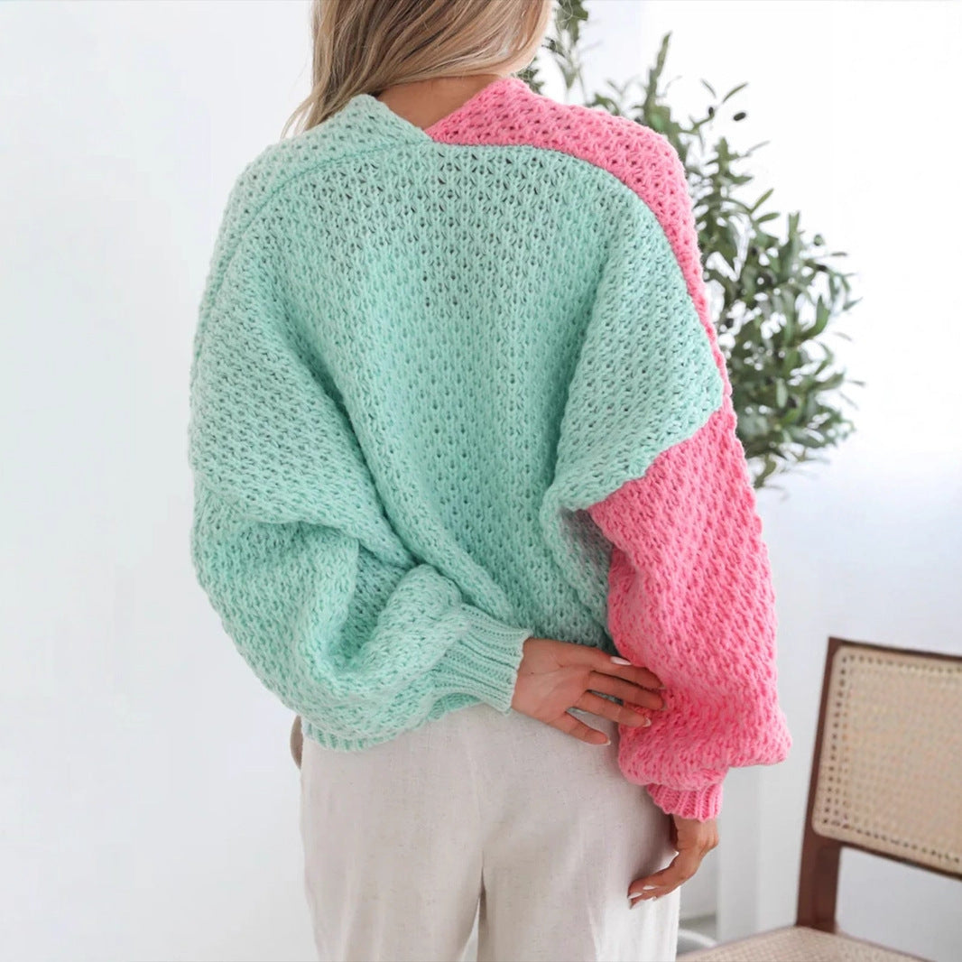 Damen kuschelige Strickjacke mit oversized Ärmeln und Farbkombination Sovae