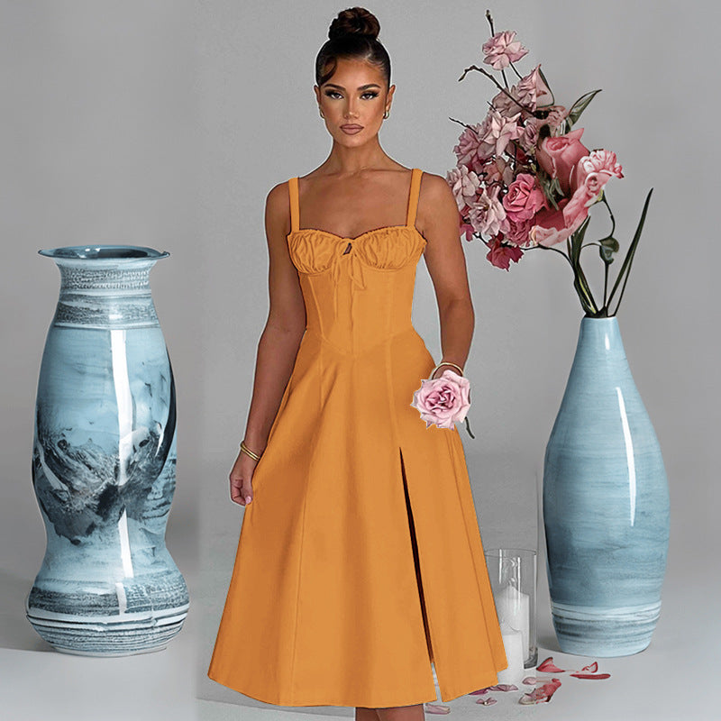 Damen Sommerliches Midi-Kleid mit Raffungen und Seitenschlitzen Sovae