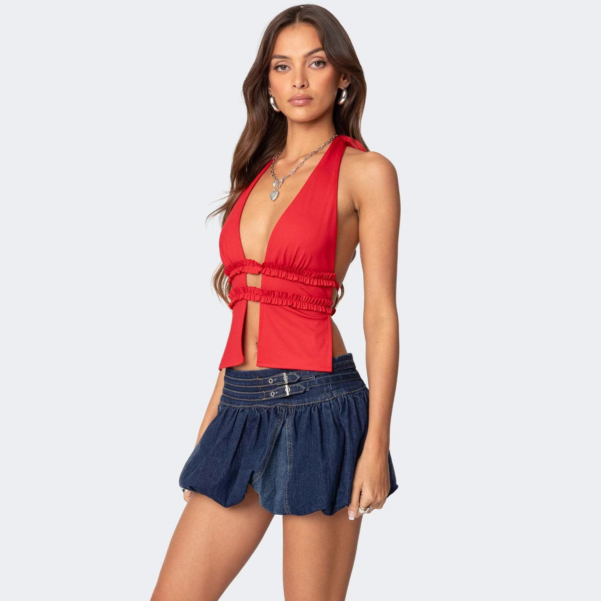 Damen lässige Denim-Shorts mit voluminösem Saum Sovae