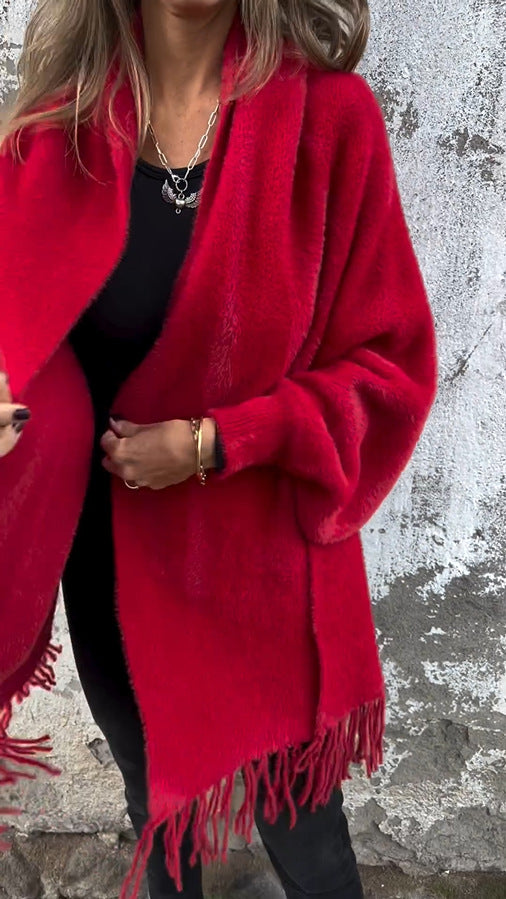 Damen Kuschelige Strickjacke mit Fransen Sovae