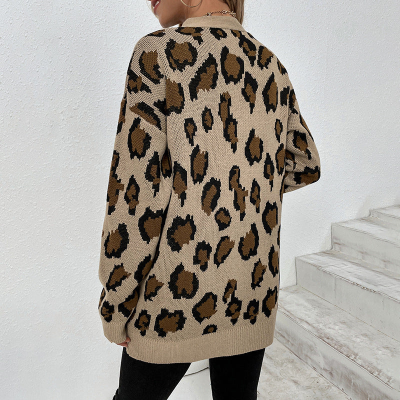 Damen modische Strickjacke mit Leopardenmuster und praktischen Taschen Sovae