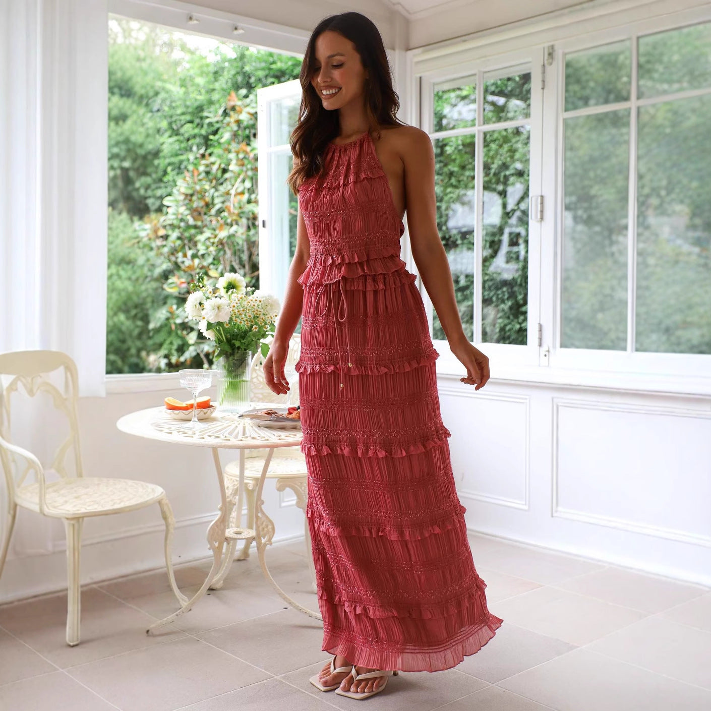 Damen luftiges Maxikleid mit Rüschendetails Sovae