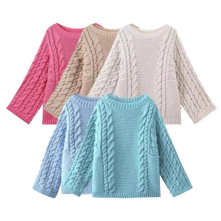 Damen kuscheliger Strickpullover mit Zopfmuster und weitem Schnitt Sovae