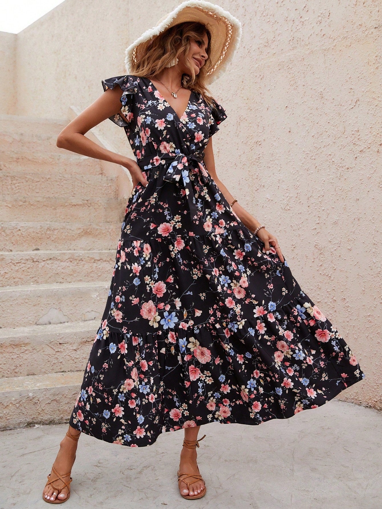 Damen Florales Maxikleid mit tiefem V-Ausschnitt und Rüschendetails Sovae