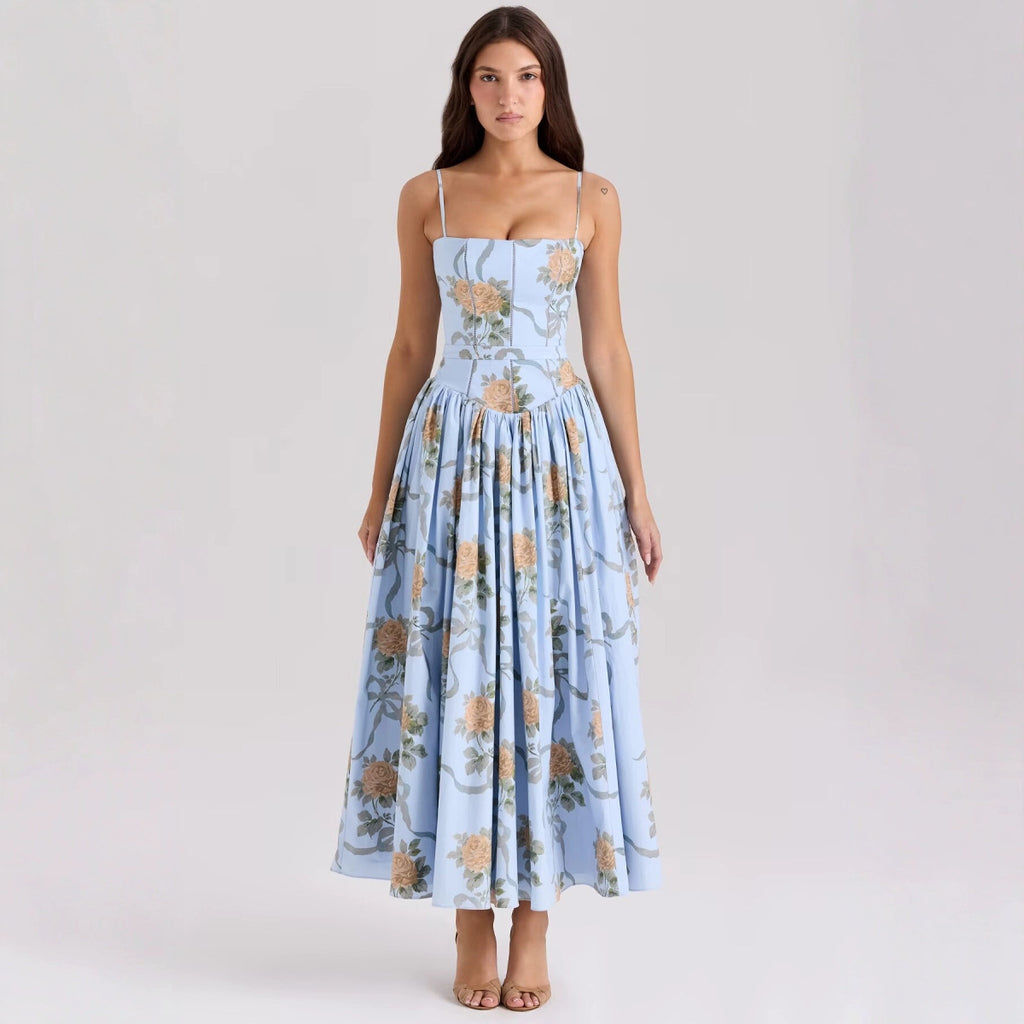 Damen Midikleid mit floralem Design und verstellbaren Spaghetti-Trägern Sovae