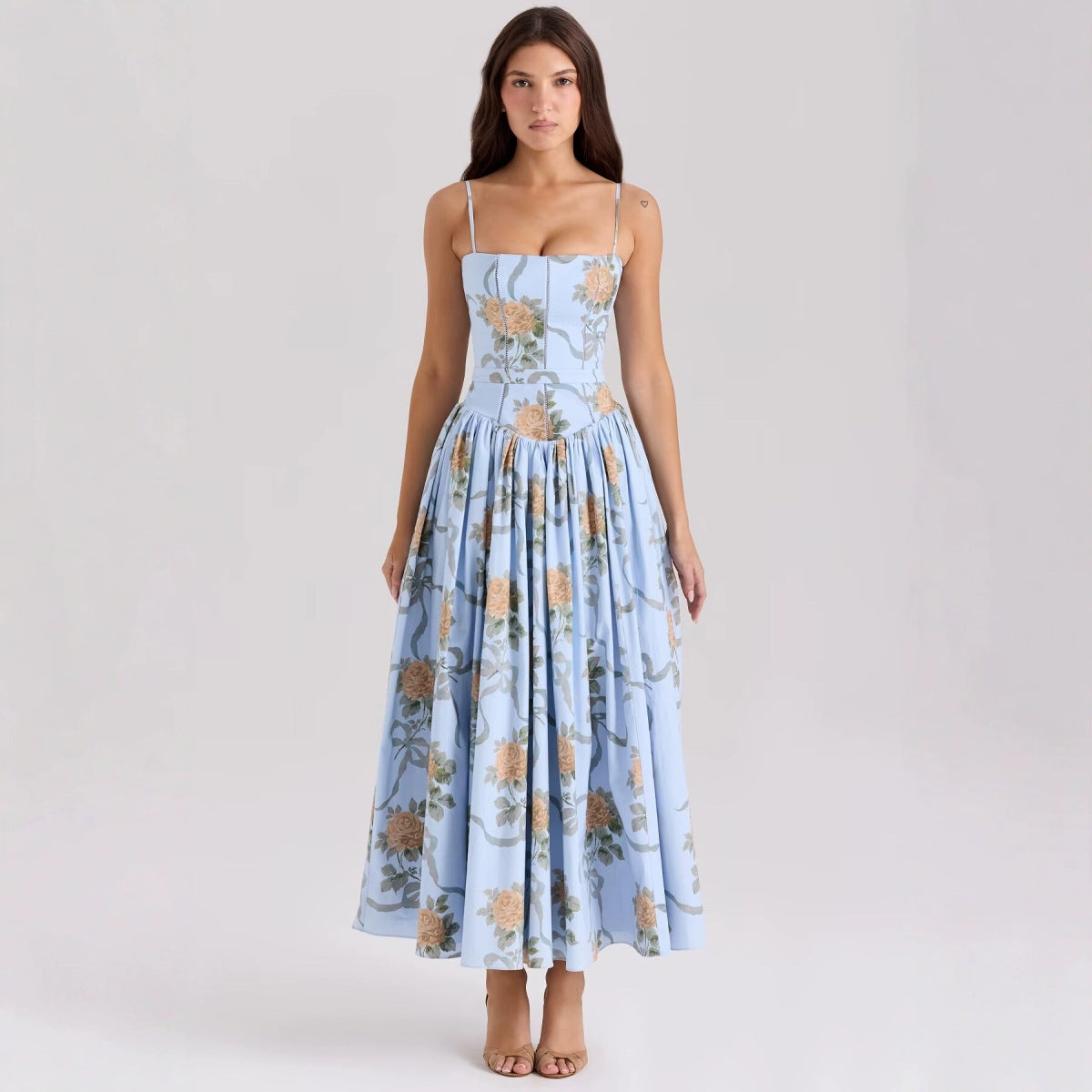 Damen Midikleid mit floralem Design und verstellbaren Spaghetti-Trägern Sovae